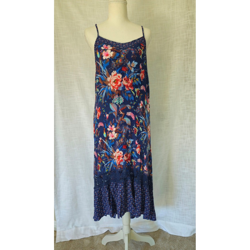 Maxi Dress Women XL Navy Blue Floral Boho Crochet Lace Ruffle Hem Festival Flowy